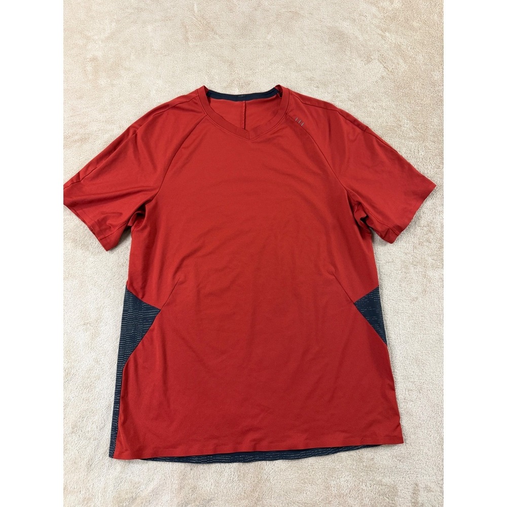 Lululemon Short Sleeve Shirt Men's S Athletic Red Black Mesh V-Neck Training EUC